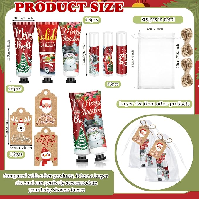 50 Sets 200 Pcs Christmas Hand Lotion and Lip Balm Sets Christmas Stocking Stuffers Holiday Treat Gifts Goodie Xmas Party Supplies for Women Men Lip Care with Organza Bags Tags (Vintage Style)