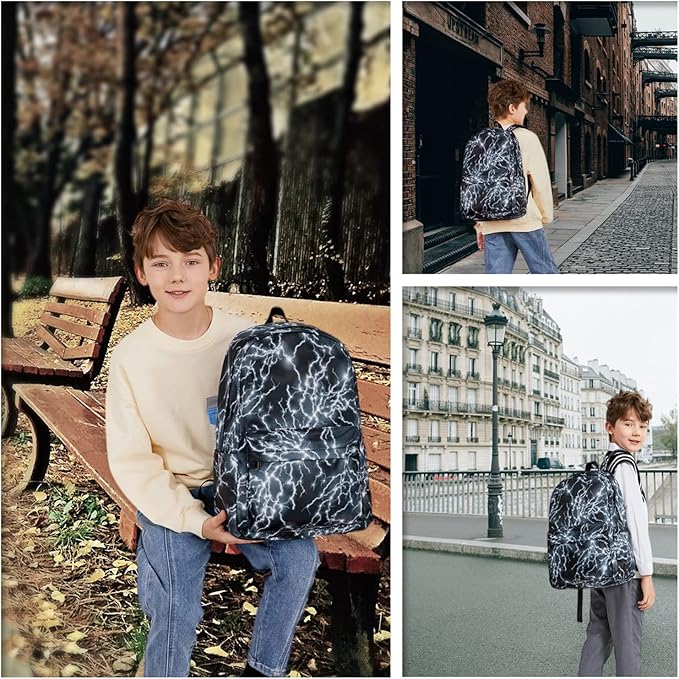 mezhsa Boy School Backpack Elementary Middle Lightning Bookbag Laptop Teenager Waterproof Lightweight Black