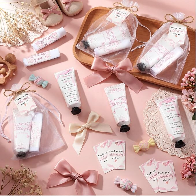 50 Sets 200 Pcs Coquette Pink Bow Baby Shower Gifts Bulk Hand Lotion and Lip Balm Party Favors Theme Baby Shower Travel Size Hand Lotion and Lip Balm with Organza Bags Tags