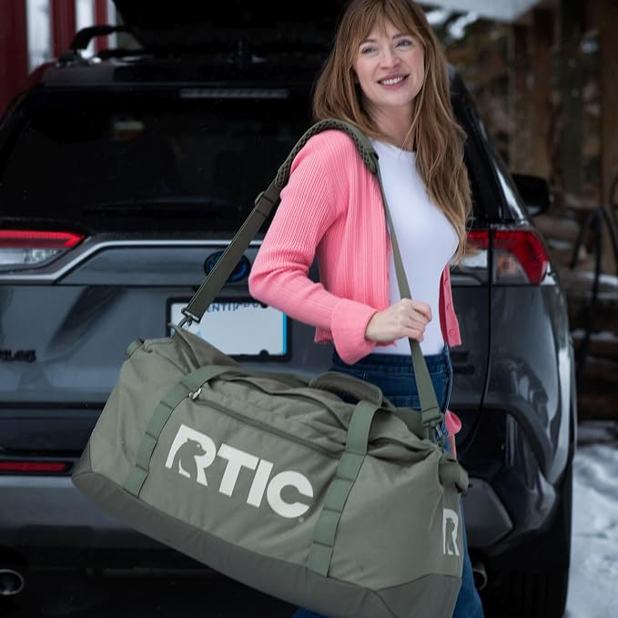 RTIC Road Trip Duffle Bag for Men and Women, Traveling Tote for Camp, Travel, Gym, Weekender, Camping, Overnight, Carry On, Sports, Spacious, Water Resistant, Large, Olive & Beach