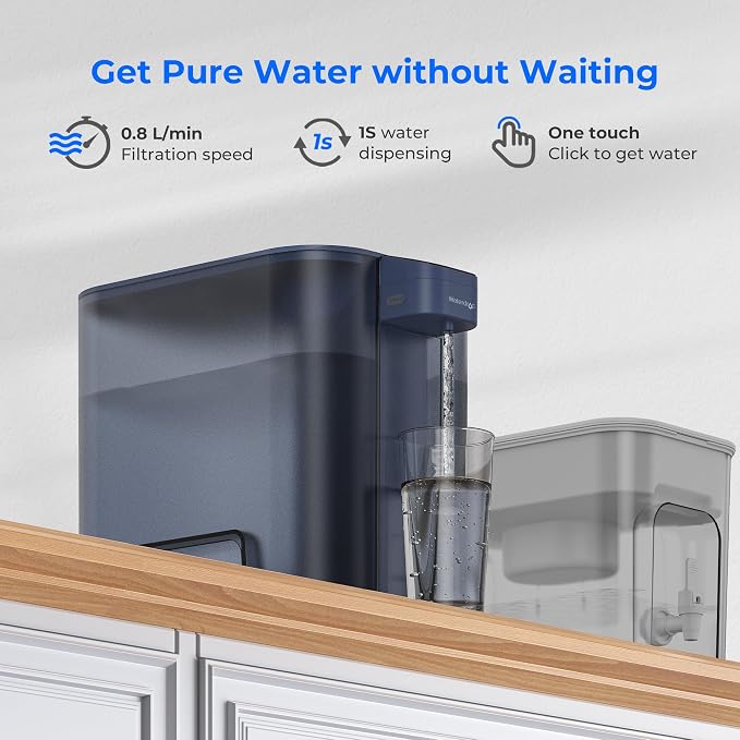 Waterdrop ED04B-L Mega Electric Water Filter Dispenser, Large 27-Cup, 200-Gallon Rechargeable Instant System, NSF/ANSI 42&53&401&372, Reduce PFOA/PFOS, Lead, Chlorine, Does not Lower TDS, Blue