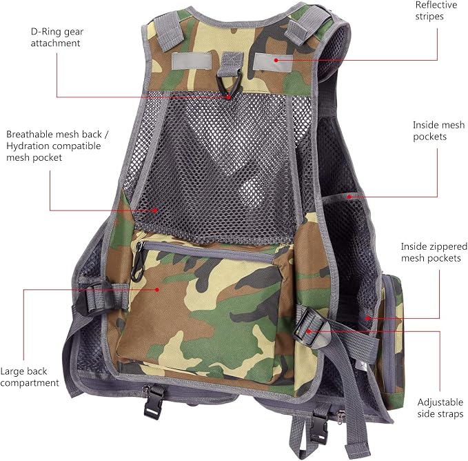 BASSDASH Strap Fishing Vest Adjustable for Men and Women, for Fly Bass Fishing and Outdoor Activities