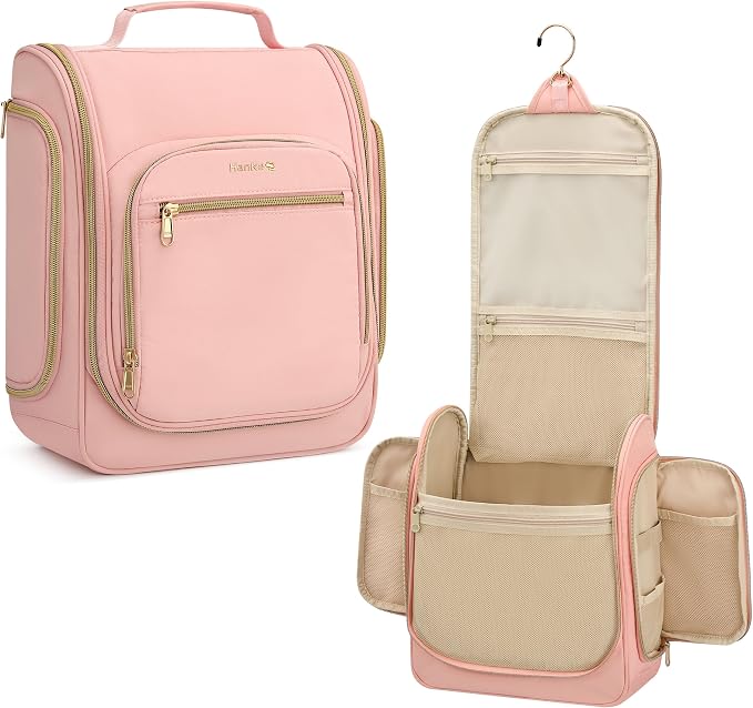 Hanke Hanging Travel Toiletry Bag for Men and Women, Water-Resistant Toiletries Bag Makeup Organizer with Hook, Cosmetic Bag for Bathroom & Travel Essentials Accessories, Pink