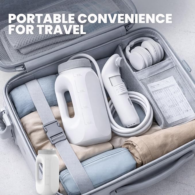 2Clean Portable Bidet - Travel & Home Use High Pressure Sprayer, USB Rechargeable Hygiene Device for Toilets with 2.5L Container, Variable Intensity, Lightweight Design, Wall Bracket Included