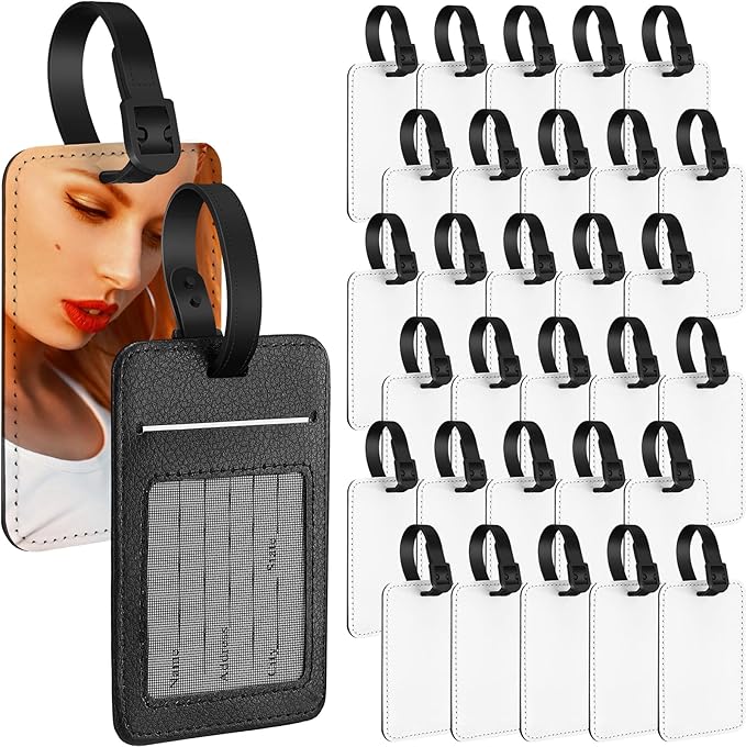 Frienda 32 Pieces Sublimation Luggage Tags Bulk PU Leather Name Label Blank Suitcase Heat Transfer Bag Card Business ID Card Holder Travel ID Tags for DIY Travel Suitcase Sports Bags Holder