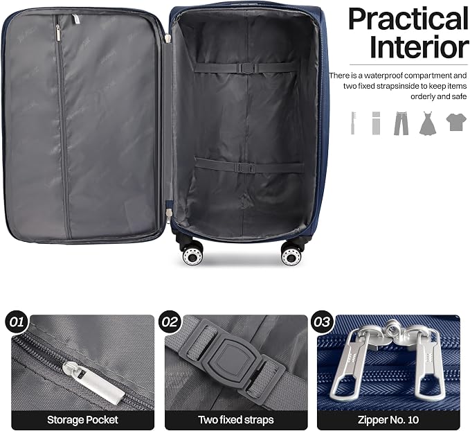 28" Large Softside Expandable 15% Checked Luggage with Double Spinner Wheels LOCK,Lightweight Travel Suitcase for Men/Women（Navy-Grey,28in）