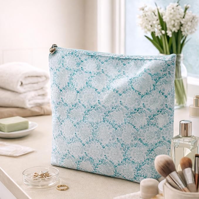Jacaranda Living Large Cosmetic Bag - Water-Resistant, PVC-Lined - Aqua Trellis
