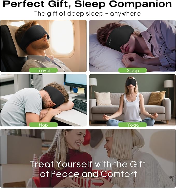 MUSICOZY Sleep Headphones with Bluetooth 5.4 Sleep Mask, Removable 3D Eye Cups for Zero Pressure Comfort, Wireless Bluetooth Eye Mask for Sleeping with Timer(Black)