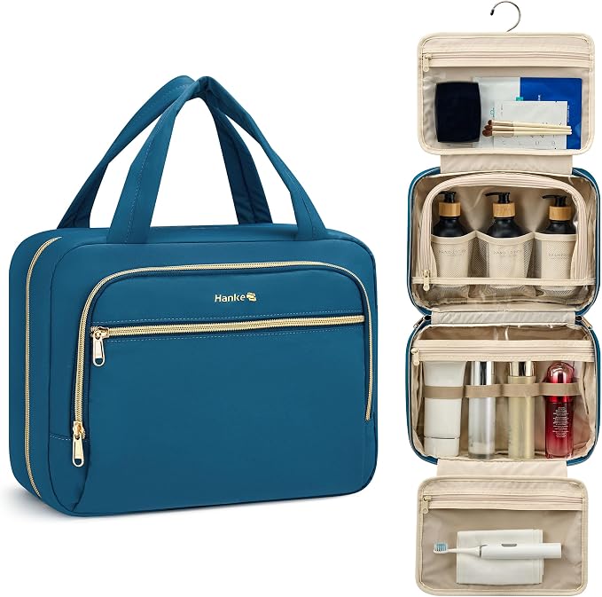 Hanke Hanging Travel Toiletry Bag for Women, Water-Resistant Makeup Organizer with Hook, Cosmetic Bag for Bathroom & Travel Essentials Accessories, Navy Blue