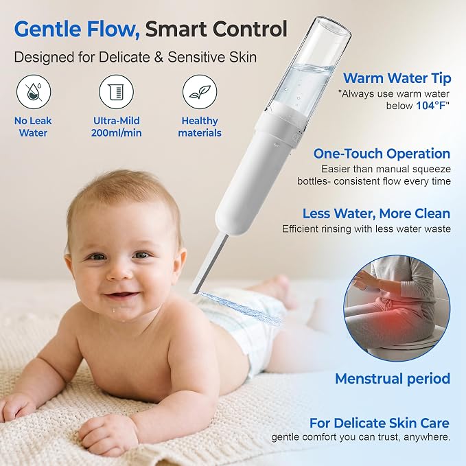 Electric Portable Bidet- Rechargeable Travel Bidet for Women, Postpartum, Hygiene | 3 Pressure Modes, 260 Uses/Charge, IPX7 Waterproof, Foldable & Compact, Standard Bottle Fit, USB-C Charging, White