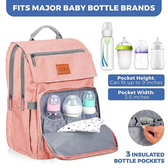 PILLANI Baby Diaper Bag Backpack - Diaper Bags for Baby Girl - Baby Shower Gifts for Girls - Large Waterproof Diaper Backpack - Pink Diaper Bag & Cute Baby Bags for Girls w/Portable Changing Pad, Pink
