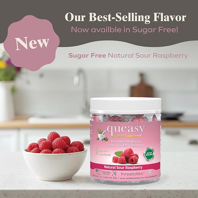 Three Lollies Queasy Drops Sugar Free - Natural Sour Raspberry Flavor - Ease Chemotherapy Nausea & Travel Sickness, Alleviates a Dry Mouth, Natural Ingredients - 32 ct