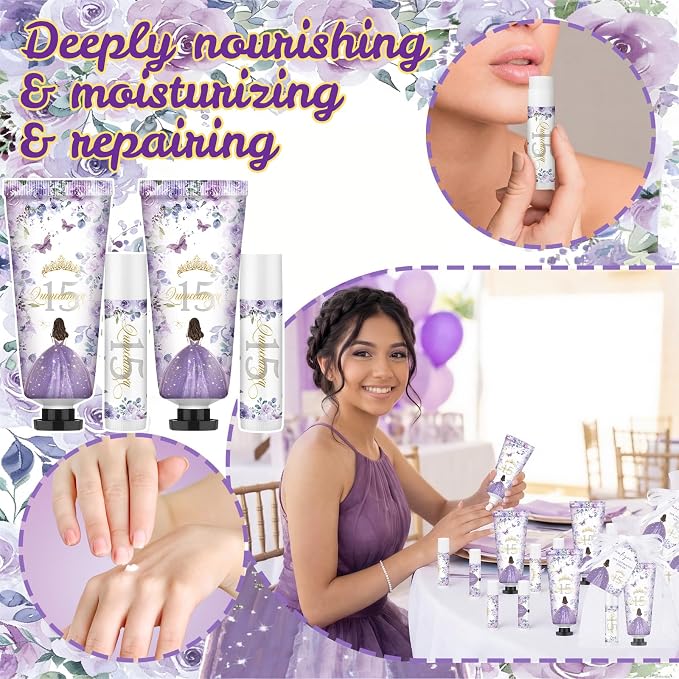 Leelosp 25 Set/100 Pcs Quinceanera Party Favor for Guest with Travel Size Hand Cream, Lip Balm, Card, Organza Bags Quinceanera Gift Set Sweet 15th Party Supply Birthday Souvenir(Purple)