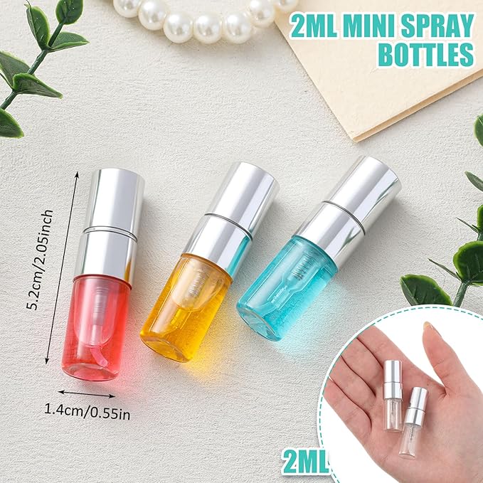 Zhehao 1 Pcs Mini Spray Bottles 2 ml Clear Glass Perfume Bottles Refillable Fine Mist Perfume Atomizer Portable Empty Sample Containers for Cleaning, Essential Oils, Travel (Silver Cap)