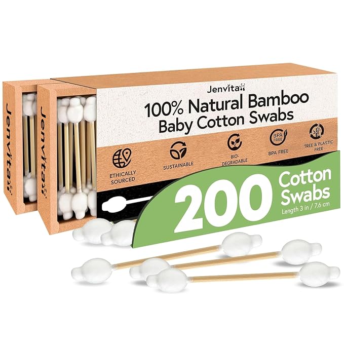 Jenvita 100% Bamboo Cotton Swabs for Ears (200-Pack) - Perfect for Baby & Personal Care | Double-Tipped Ear Swabs Cotton for Makeup & Cleaning | FSC Certified & Hypoallergenic, Made for All Ages & Pet