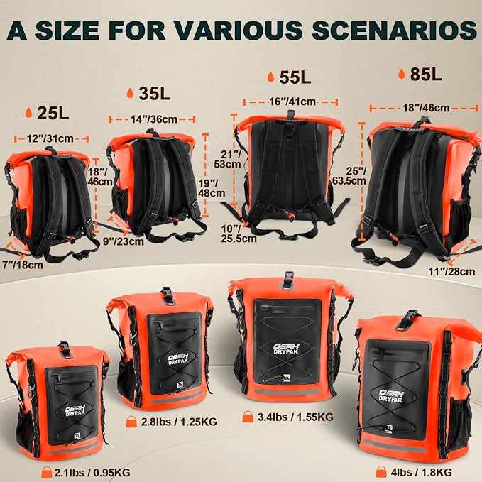 OSAH DRYPAK Waterproof Backpack Dry Bag 35L/55L/85L – Heavy Duty Roll-Top Hiking Backpack Sack Keeps Gear Dry for Travel, Kayaking, Boating, Camping, Rafting and Fishing