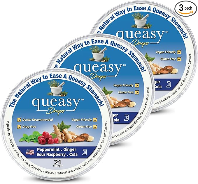 Three Lollies Queasy Drops - Relief from Nausea & Travel Sickness - Relieves a Dry Mouth & Settles The Stomach - Natural Ingredients - 4 Flavors - 21ct (Pack of 3)