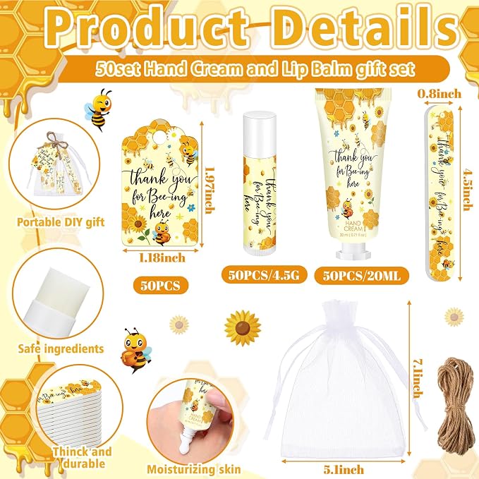 Leelosp 50 Sets Honey Hand Cream Baby Shower and Lip Balm Gift Bulk Bee Themed Travel Size Hand Lotion Lip Balm Nail File Gifts Set Baby Shower Birthday Party Supplies for Guests