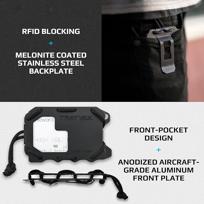 Trayvax Original 2.0 Wallet, RFID Front Pocket Tactical Metal Credit Card Holder with Money Clip, Slim Minimalist Wallet for Men and Women, Black
