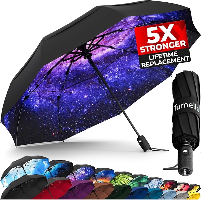 TUMELLA Strongest Windproof Travel Umbrella (Compact, 100MPH Wind-Tested), Light, Portable, One-Handed Use, Automatic Folding Rain Umbrella, Durable, Premium Grip, Fits Car & Backpack
