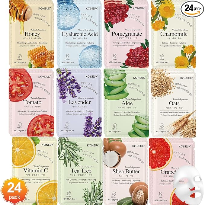 KONEUK 24 Pack Sheet Face Masks Skincare for Women, Hydrating Collagen Essence Face Masks Suitable for All Skin Types, Face Mask Gifts Set for Spa Party, Bulk Facial Masks for Women Skin Care