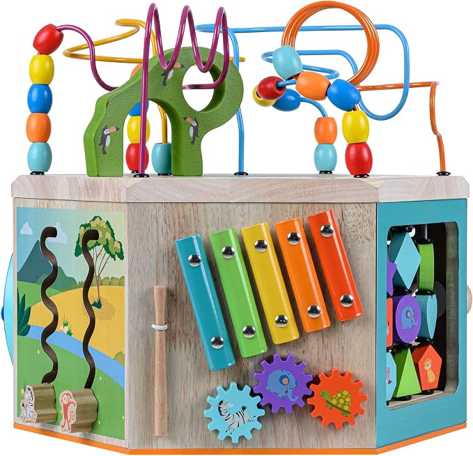 Teamson Kids Preschool Play Lab 7-in-1 Large Wooden Activity Cube Station Center Bead Maze and Counting for Kids Baby Toys, Natural | Large Station Center, Bead Maze, Counting for Kids Baby Toys, Natural