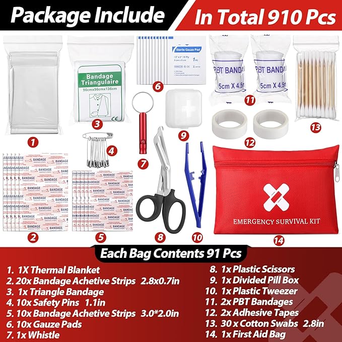 Geiserailie 10 Pack Mini First Aid Kit for Home Car Travel Camp Outdoor Graduation Sports Hiking Emergency Small First Aid Kit Travel Size Bulk Self Care Package, 10 Individual Bags of 91 Items Each