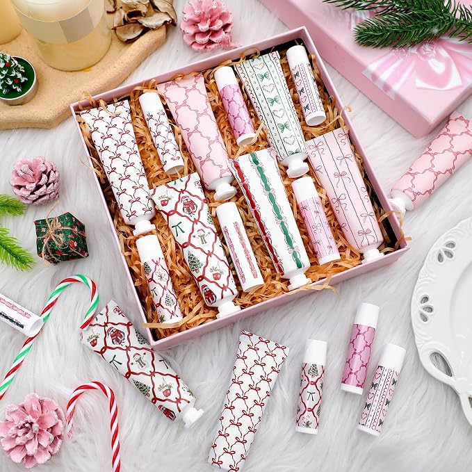 24 Pcs 12 Sets Valentine's Day Hand Cream and Lip Balm Bulk Gift Set, 6 Scents Coquette Bow Valentine's Day Travel Size Hand Lotion Lip Care Gift for Women Staff Coworkers