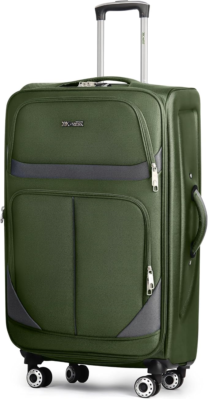 28" Large Softside Expandable 15% Checked Luggage with Double Spinner Wheels LOCK,Lightweight Travel Suitcase for Men/Women（Green-Grey,28in）