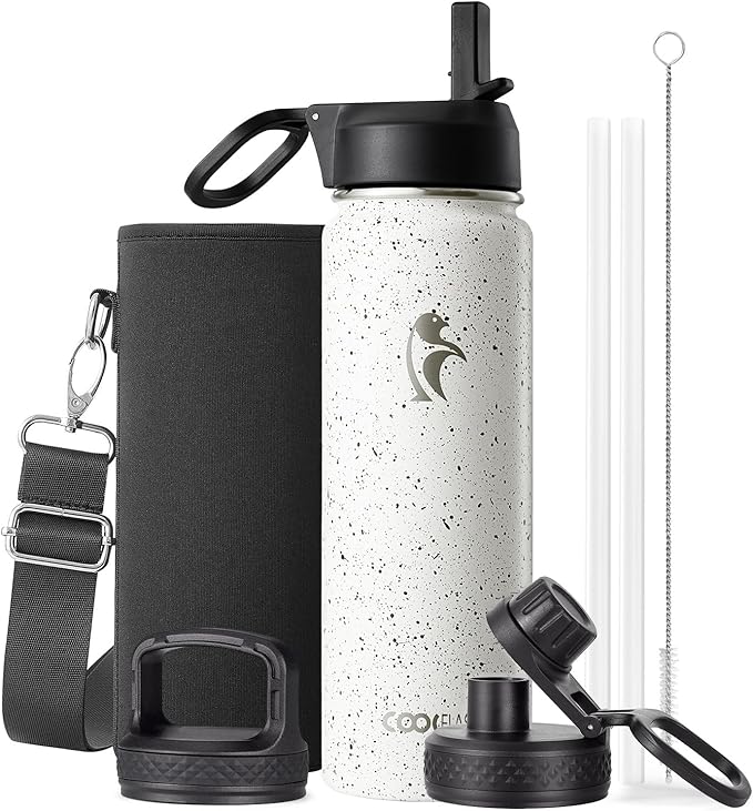 Coolflask Water Bottle 24 oz Insulated with Straw, Stainless Steel Metal 3 Lids Water Flask Wide Mouth for Sports or Office, Non-BPA Keep Cold Up to 48 Hrs or Hot Up to 24 Hrs, Arctic White