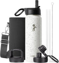 Coolflask Water Bottle 20 oz Insulated with Straw, Stainless Steel Metal 3 Lids Water Flask Wide Mouth for Sports or Office, Non-BPA Keep Cold Up to 48 Hrs or Hot Up to 24 Hrs, Arctic White