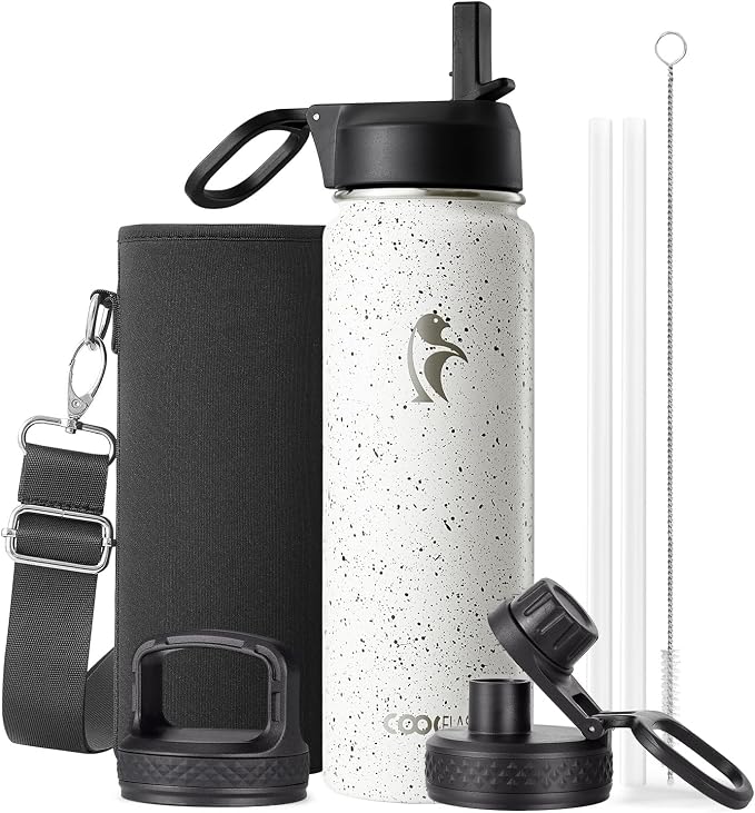 Coolflask Water Bottle 20 oz Insulated with Straw, Stainless Steel Metal 3 Lids Water Flask Wide Mouth for Sports or Office, Non-BPA Keep Cold Up to 48 Hrs or Hot Up to 24 Hrs, Arctic White