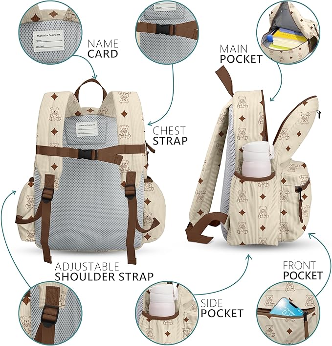 atgark Corduroy Toddler Backpack for Boys 2-5: Preschool Backpack for Boys Girls - Cute Kids Backpack for Boys 13.5" H Fit Folder