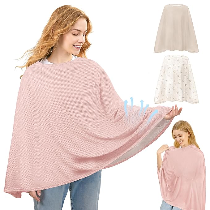 Basumee Nursing Cover for Breastfeeding Breathable Mesh 360 Full Privacy Nursing Wrap Multi-Use Breast Feeding Covers for Women Moms Feeding Essentials, Soft Pink, 1 Pack