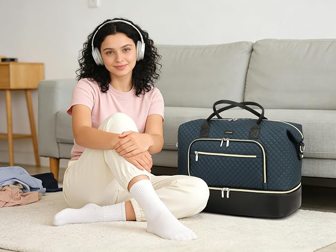 Weekender Bags for Women Travel, Under Seat Carry On Bags for Airplanes Overnight Bag with Shoe Compartment Luggage Sleeve, Foldie Travel Tote Bag Hospital Bag, Travel Gifts, PeacockBlue Black