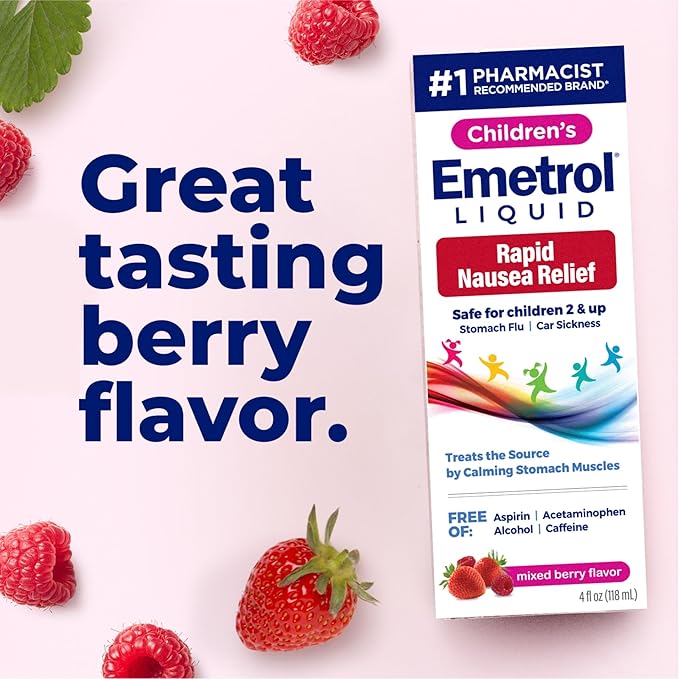 Emetrol Children's Non-Drowsy Liquid Nausea Relief - Upset Stomach Medicine - Nausea Relief for Kids - Mixed Berry Flavor - 4fl oz, 2 Pack