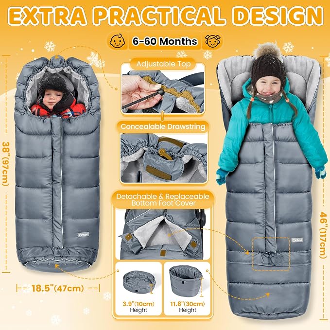 Orzbow Stroller Footmuff Universal - Weather-Proof Bunting Bag for Toddler, Warm Fleece Sleeping Bag for Cold Weather, Easily Attaches to Most Strollers, Baby Boys Girls Winter Essentials, Grey