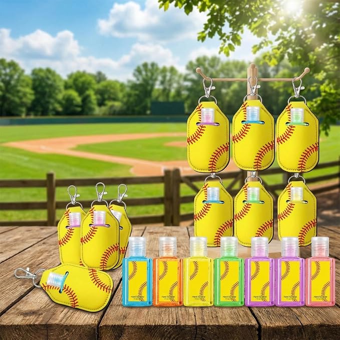 Frienda 48 pack Softball Party Favors Set 24 Pcs Mini Hand Sanitizers and 24 Pcs Keychain Holders Travel Size Sanitizers for Softball Players Coaches Fans Gifts for Team Sports Party Supplies