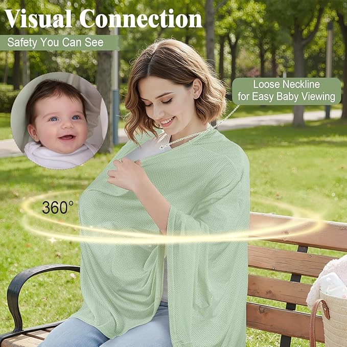 Basumee Nursing Cover for Breastfeeding Breathable Mesh 360 Full Privacy Nursing Wrap Multi-Use Breast Feeding Covers for Women Moms Feeding Essentials, Sage Green, 1 Pack