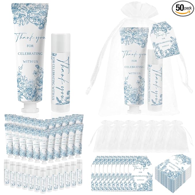 50 Sets Moisturizing Hand Cream Lotion Lip Balm Kit Bulk for Wedding Thank You Welcome Return Gifts Something Blue Floral Theme Birthday Baby Shower with Tags Organza Bags Rustic Vintage Aesthetic