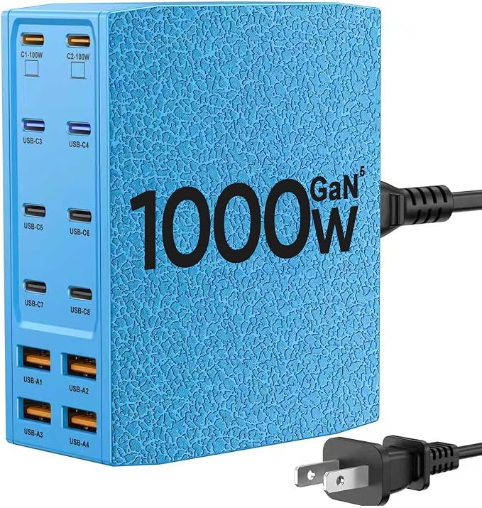 USB Charging Station (1000W),12-Port USB C Charger Block with Dual 100W PD USB-C Fast Charging Station Hub for MacBook Pro/Air/All iPad Phone 17/16 15/14/13/Pro Max/Samsung Galaxy Note(Blue)