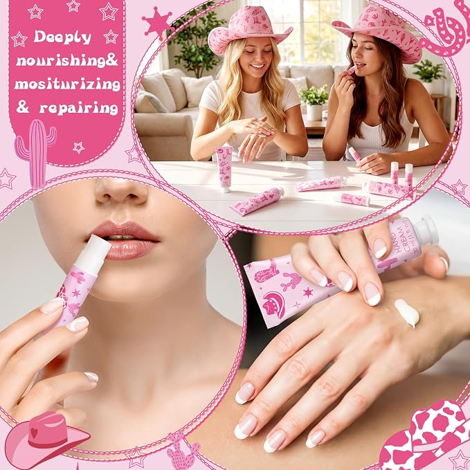 30 Sets Pink Cowgirl Hand Creams and Lip Balms Gift Bulk Western Bridal Shower Party Hand Lotion and Lip Balm First Rodeo Party Favors for Birthday Supplies