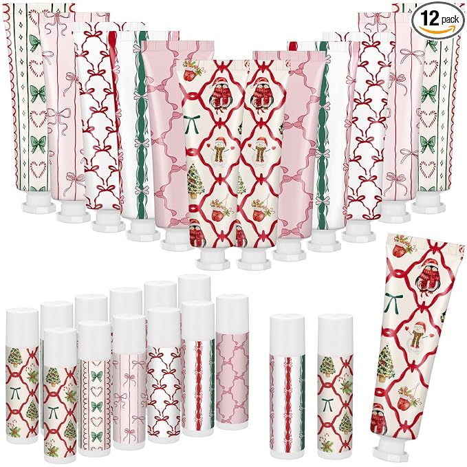 24 Pcs 12 Sets Valentine's Day Hand Cream and Lip Balm Bulk Gift Set, 6 Scents Coquette Bow Valentine's Day Travel Size Hand Lotion Lip Care Gift for Women Staff Coworkers