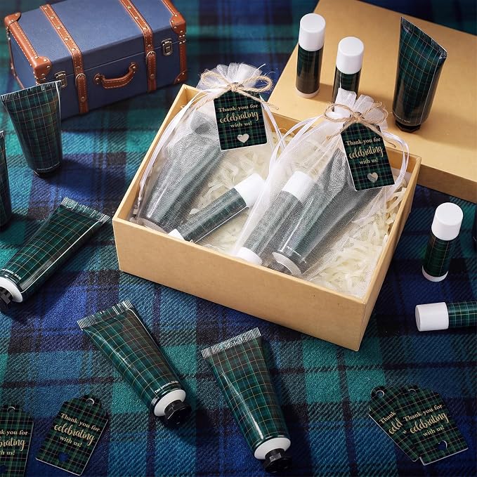 50 Sets 200 Pcs Blue Green Tartan Plaid Baby Shower Hand Lotion and Lip Balm Gift Theme Baby Shower Party Favors Travel Size Hand Lotion and Lip Balm Bulk with Organza Bags Tags