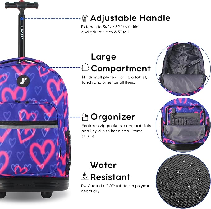 J World Sunrise Kids Rolling Backpack for Girls Boys. Roller Bookbag With Wheels For School, Heart Spray