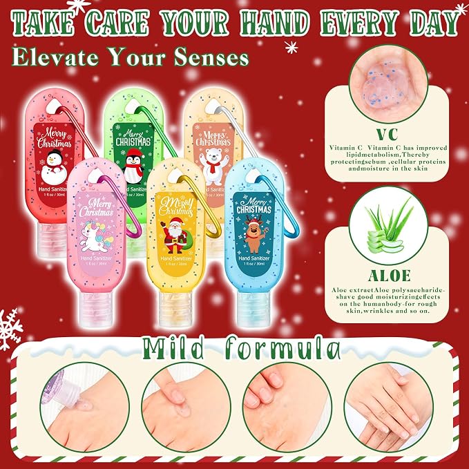 24 Packs Christmas Hand Sanitizers Keychains Gifts Travel Size Mini Hand Sanitizer Gel Bulk with Keychains 1oz Christmas Party Favors Treat Goodie Bags Stocking Stuffers Gift Homeless Supplies
