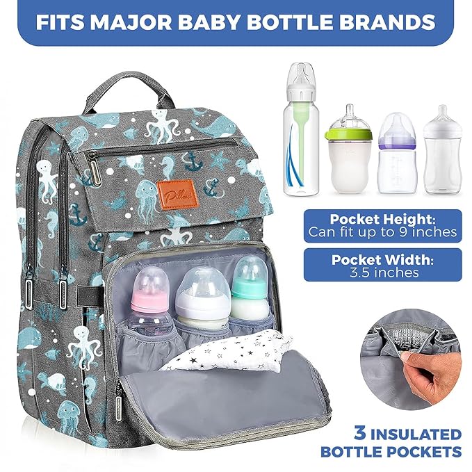 PILLANI Baby Diaper Bag Backpack - Backpack Diaper Bag w/Large Capacity - Baby Shower Gifts - Waterproof Travel Diaper Bags w/Changing Pad, Insulated Bottle Holders, Padded Straps - Baby Boy Stuff