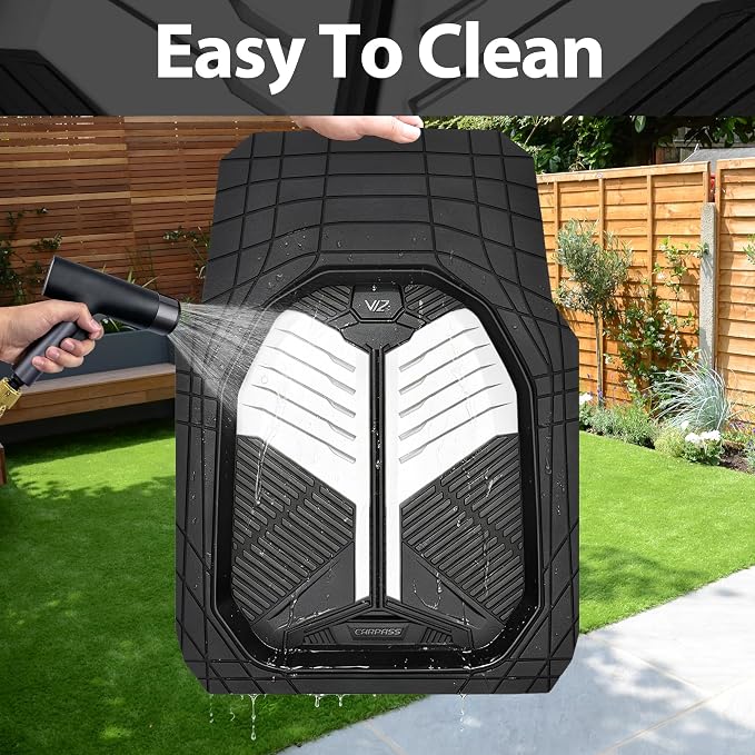 CAR PASS Heavy Duty Rubber Car Mats, Deep-Dish Car Floor Mats All Weather, Universal Two-Tone Trim-to-Fit for SUVs Trucks Sedans, Waterproof Anti-Slip, 3 Pieces V12 Black and White