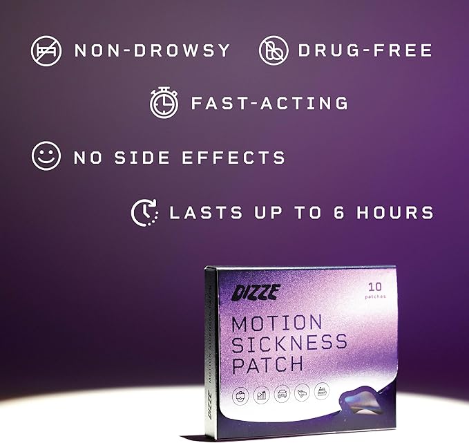Dizze Motion Sickness Patches for Cruise & Travel – Non Drowsy Nausea Patch with Ginger – Sea Sickness Relief for Boats, Cars, Flights, Gaming – Motion Sickness Patches for Kids & Adults (20 Count)