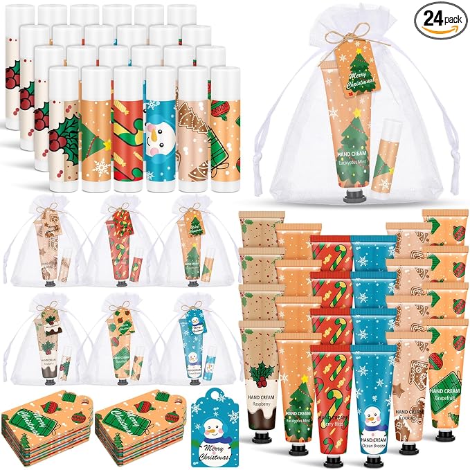 Loopeer 24 Sets/96 Pcs Christmas Hand Cream and Lip Balm Gift Set for Women Bulk Mini Hand Lotion Travel Size for Dry Skin Stocking Stuffers with Greeting Card Organza Bags for Coworker Employee